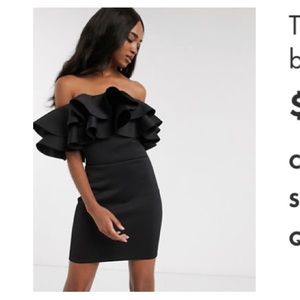 True Violet exclusive exaggerated frill bardot mini dress in black